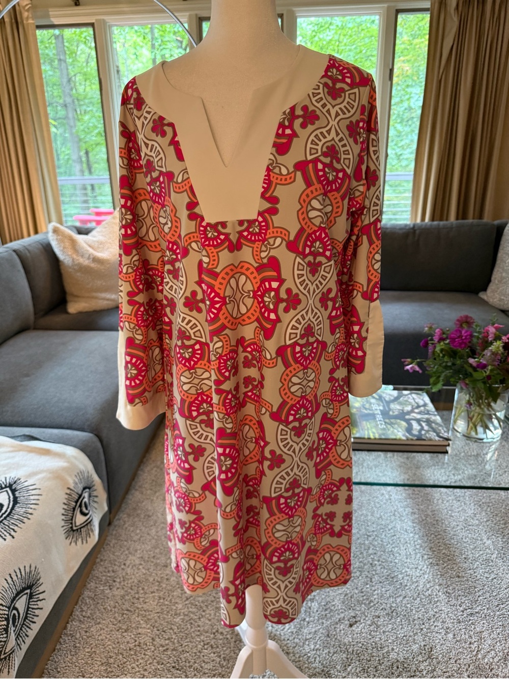 All For Color Pink and Cream Geometric Midi Dress